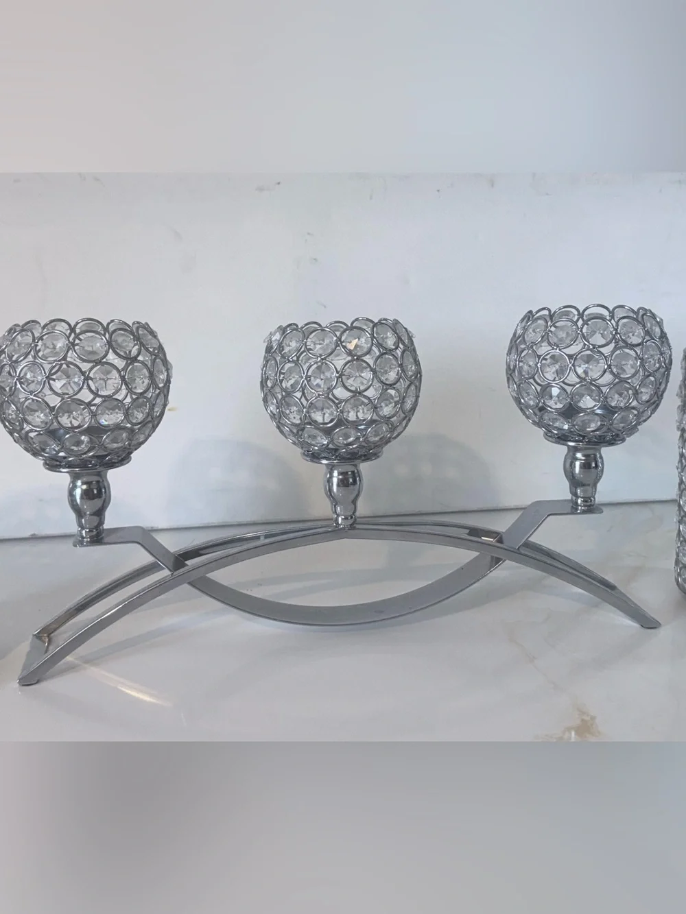 Silver Crystal-Accented Three-Cup Candle Holder Candelabra